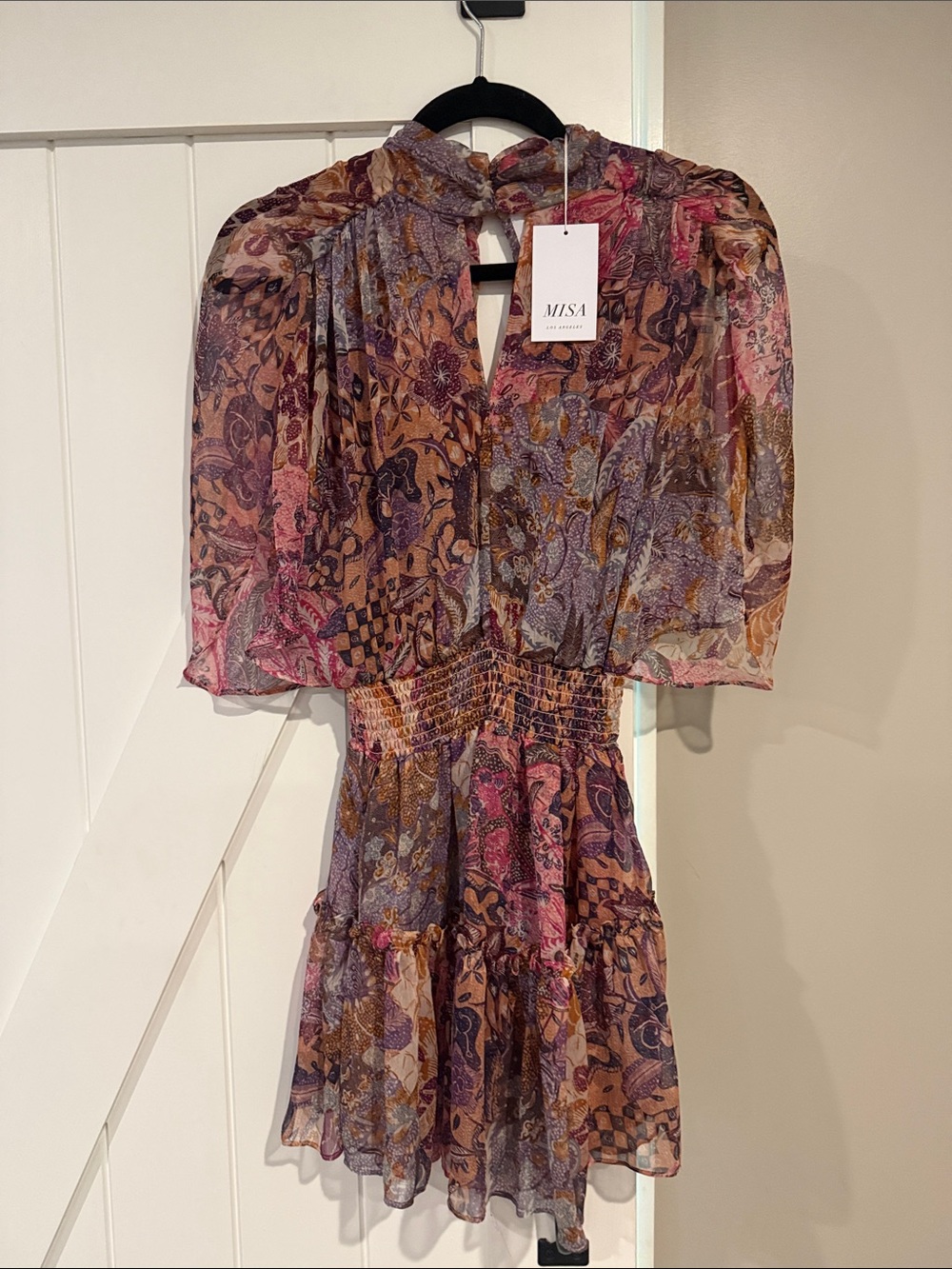 Misa Los Angeles Paisley Smocked Mini Dress in Pink, Purple size XS
